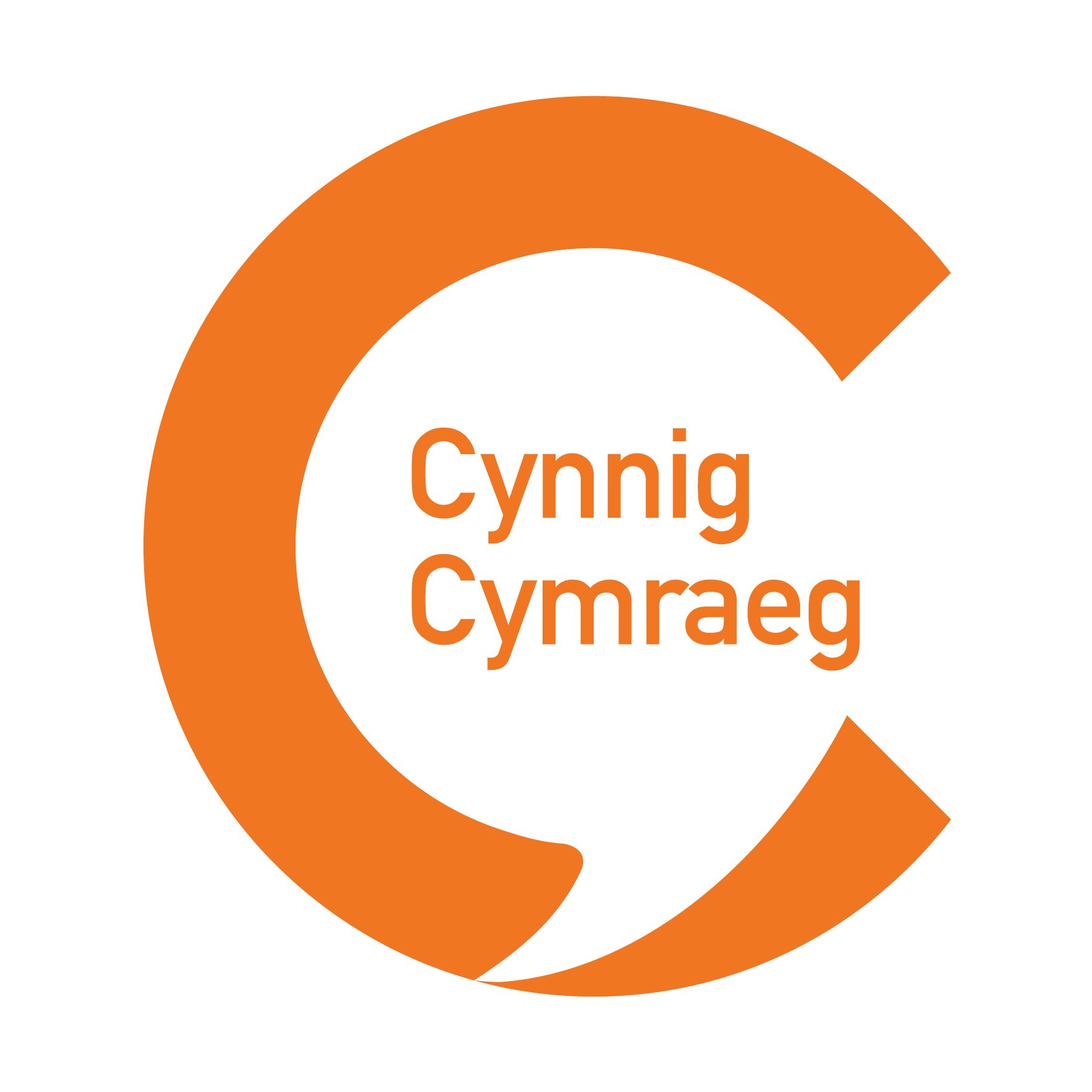 Cynnig Cymraeg recognition logo, orange text within a large capital C