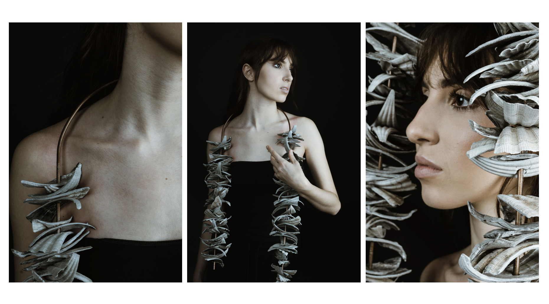 A trio of images that are softly lit, each includes a model wearing a statement neckpiece by Molly Ashton. This neckpiece is made from copper pipe that holds many pieces of fragmented shell ceramic pieces and is draped around the figures neck and shoulders.