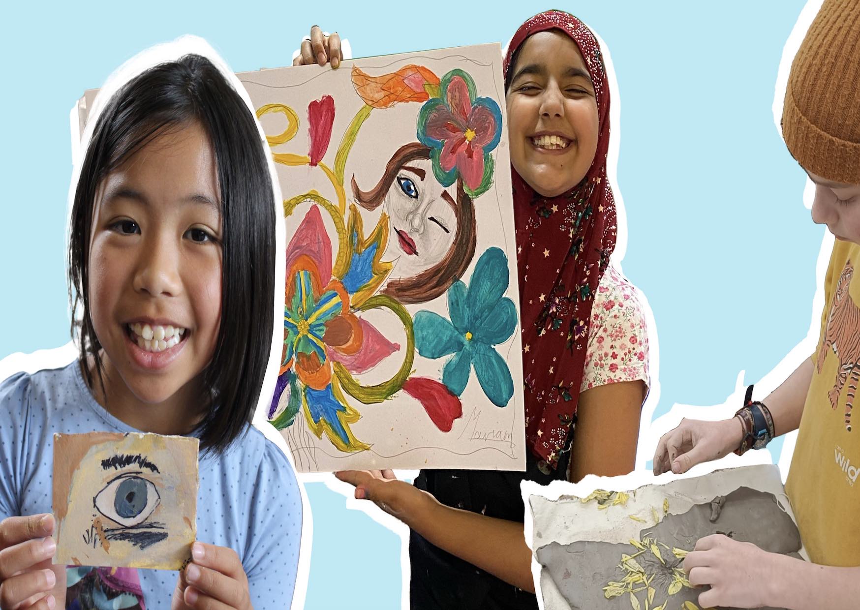 A photo collage from Criw Celf featuring three participants holding up their painted artworks