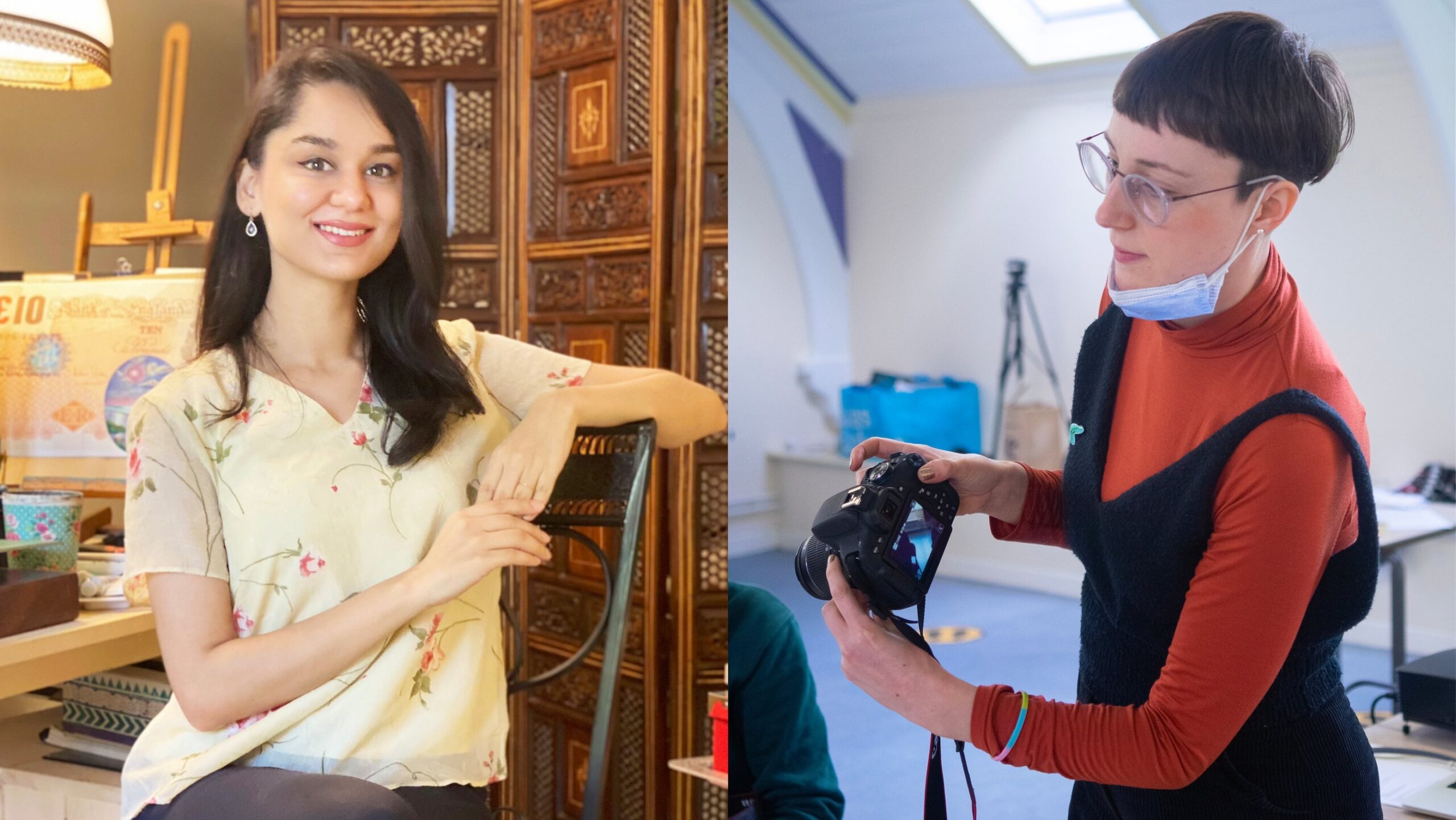 Artists Shanzay Subzwari and Lauren Hecler portraits placed side by side. Shanzay is sitting, leaning her arms on the back of a chair and smiles at camers. Lauren is standing leaning towards the camera with a digital camera in her hands