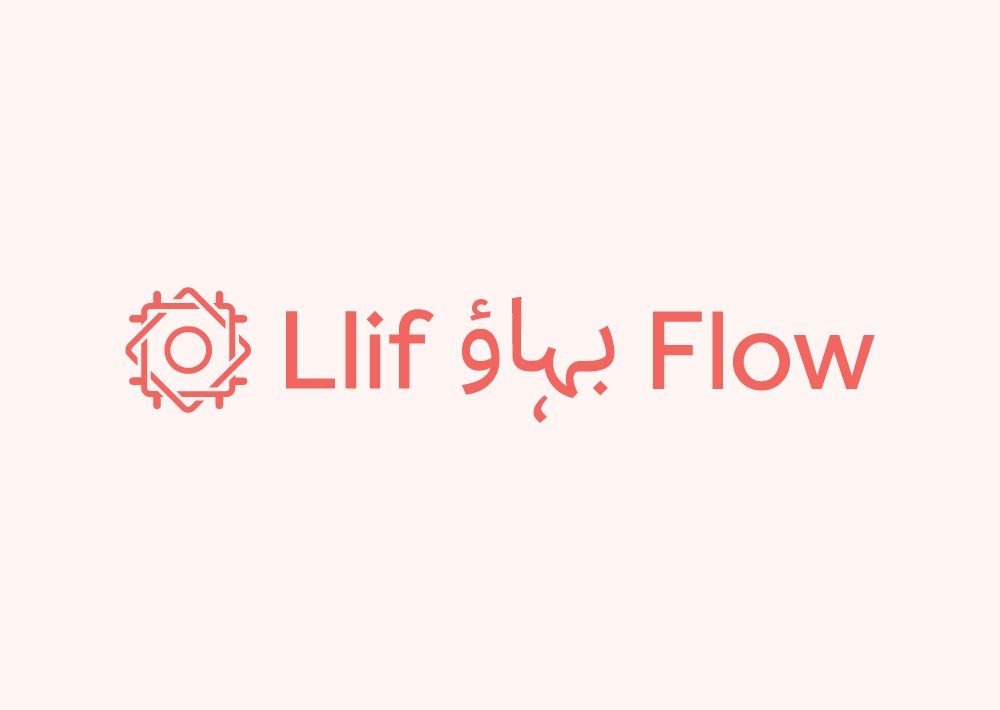 Llif flow logo in dark coral red on a light coral bacground. Logo features Welsh, English and Urdu text